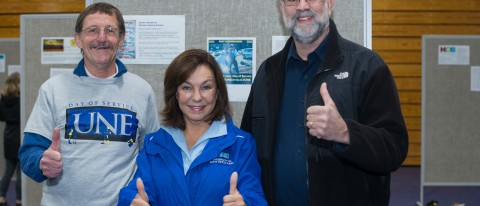 Saco Mayor Ronald Michaud, UNE President Danielle Ripich and Biddeford Mayor Alan Casavant welcomed nearly 500 UNE volunteers to