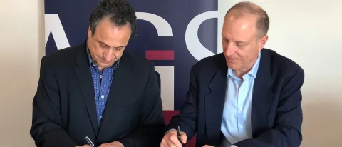 University of New England Vice President for Global Affairs Anouar Majid (left) and Larry Kilman, director of the American Gradu