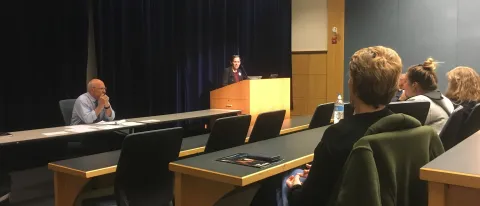 Robyn Merrill speaks at the UNE forum on Medicaid reform