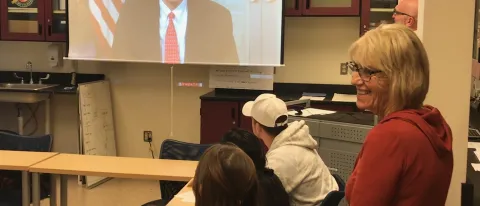 United States Senator Angus King speaks with students in the Exploring Education class via Skype