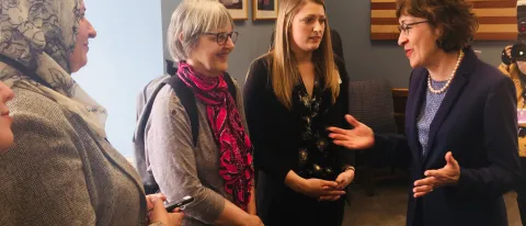 Taylor Cahill, Kim Humphrey and Sanaa Abaljabbar meet with Senator Susan Collins