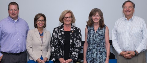 UNE's Ed Bilsky, panel moderator WGME news anchor Kim Block, Rep.Chellie Pingree, Linda Porter and Daniel Carr 