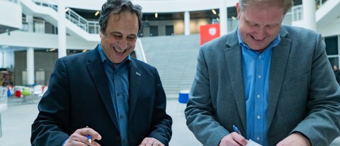 Anouar Majid, Ph.D., UNE vice president for Global Affairs, and Ari Kristinn Jonsson, Ph.D., president of Reykjavik University