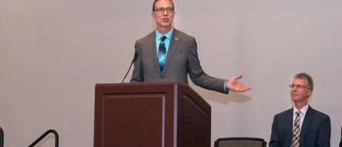 President Herbert speaks at the physical therapy white coat ceremony