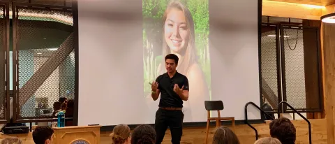 Schuyler Bailar addresses the audience at the well-attended October 7 campus event.