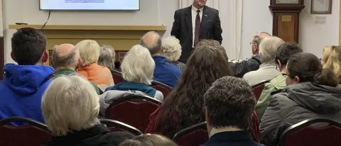 College of Pharmacy Dean Robert McCarthy giving a lecture on American pharmacy history at the Waterville Historical Society 