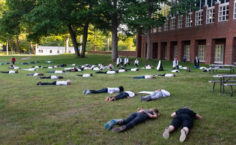 About 70 UNE community members lay face down or kneel in protest of police brutality and systemic racism on June 12.