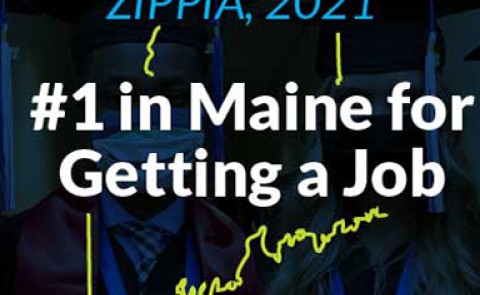 Graphic: Maine state outline with blue overlay saying UNE is #1 in Maine for getting a job