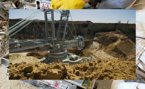 A still image of a crane in a gravel pit taken from a Postphotorealism video  by Steven Cottingham