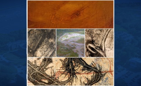 A collage of images from the exhibit "Paradox of Landscape" — includes prints and paintings of tire treads, waterways, and fisherman's rope