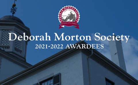 Graphic depicting 2022 Deborah Morton Society awards with Alumni Hall in background