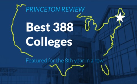 Graphic of Maine outline with blue overlay saying UNE is one of The Princeton Review's Best 388 Colleges for the 8th year in a row