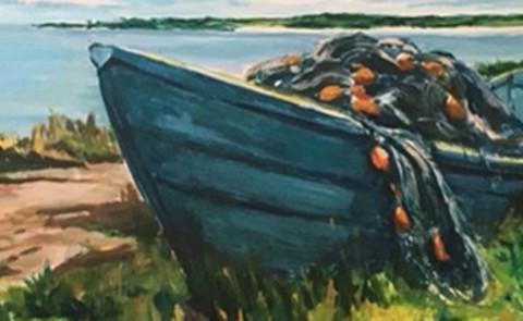 Painting of a small fishing boat on a beach