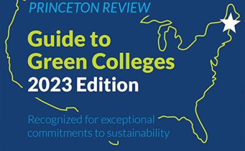 Graphic of U.S. map showing UNE's location with text stating UNE is listed on the Princeton Review's Guide to Green Colleges 2023 edition, recognized for exceptional commitments to sustainability
