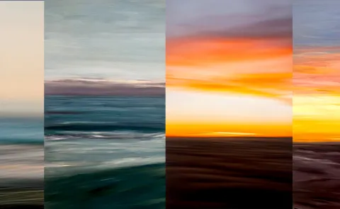 A composite image of seaside photos and paintings by mother and son Wendy and Nathaniel Kaye