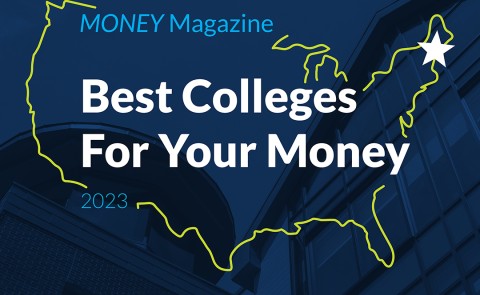 Graphic of U.S. map showing UNE's location with text that reads "MONEY Magazine. Best Colleges for Your Money."