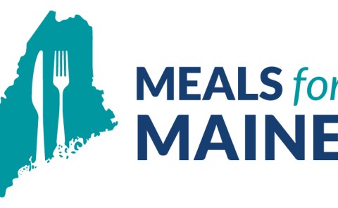 Graphic of Maine state outline with a fork and knife and the words "Meals for Maine"