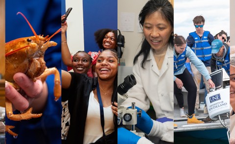A collage of images showing photos from 2023, including UNE President James Herbert, an orange lobster, and various student and faculty photos