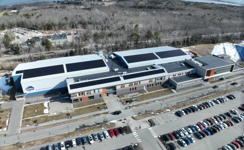 A solar array is shown on the roof of the Harold Alfond Forum in Biddeford