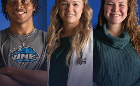 Three UNE students pose against blue backgrounds