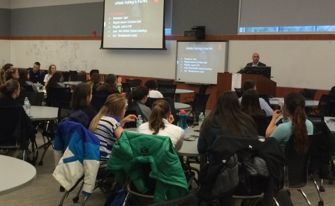 Don DelNegro athletic trainer to the Boston Bruins, speaks to students at UNE