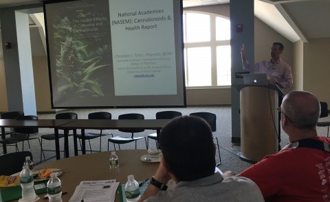 Associate Professor Christian Teter from the UNE College of Pharmacy  gives a presentation about marijuana and the teen brain