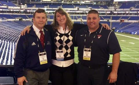 Lara Carlson at Lucas Oil Stadium with Olympic lifting coach Leo Totten and is his former athlete, Tom Martin