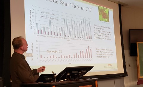 Charles Lubelczyk, M.P.H. '13, gives the inaugural presentation of "Tick Talk," hosted by UNE's Planetary Health Council.