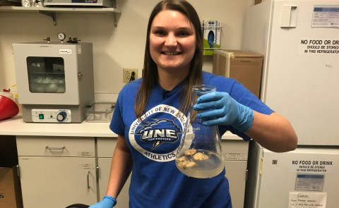 Student Emily Hanson is doing research on microplastics found in shellfish