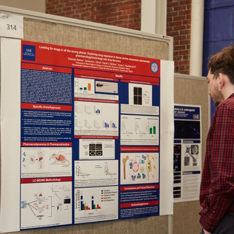A student reads a research poster at the first annual symposium on biomedical research and engineering