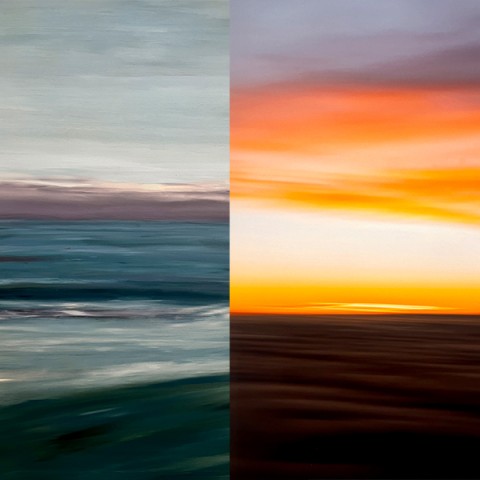 A composite image of seaside photos and paintings by mother and son Wendy and Nathaniel Kaye