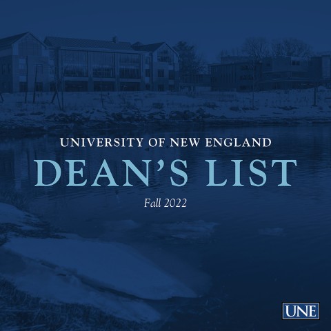 Graphic of Ripich Commons with blue overlay and words saying "University of New England Dean's List Fall 2022"
