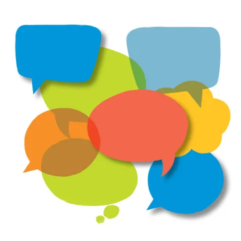 Empty speech bubbles are shown in multiple colors overlapping
