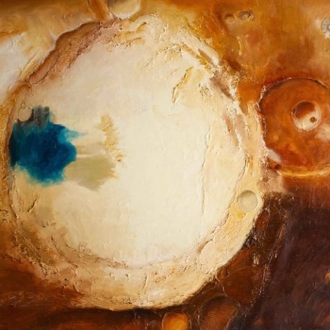 A section of an orange painting with a small blue area by Maine artist Frances Babb
