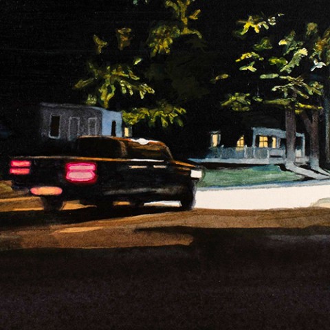 Section of a painting of a car driving down a street in the dark