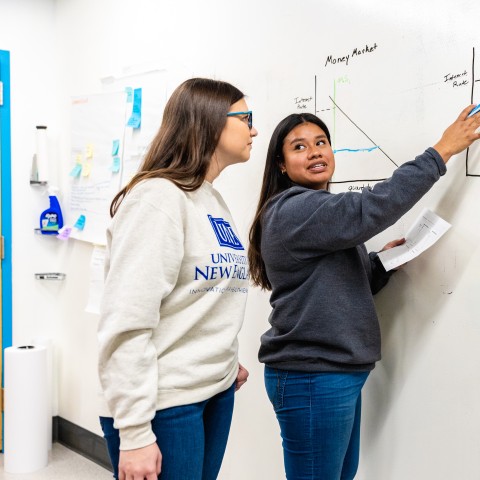Students conduct cost-benefit analysis on a whiteboard