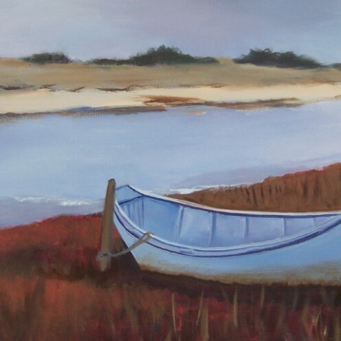 A painting of a small rowboat sitting on the shore by the water