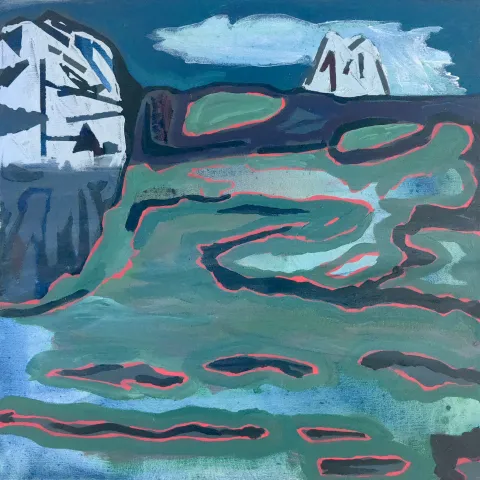A painting of sailboats off the Maine coast