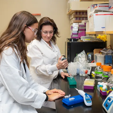 Barlow and a student researcher work together at a lab bench, preparing samples with pipettes and sample storage boxes.