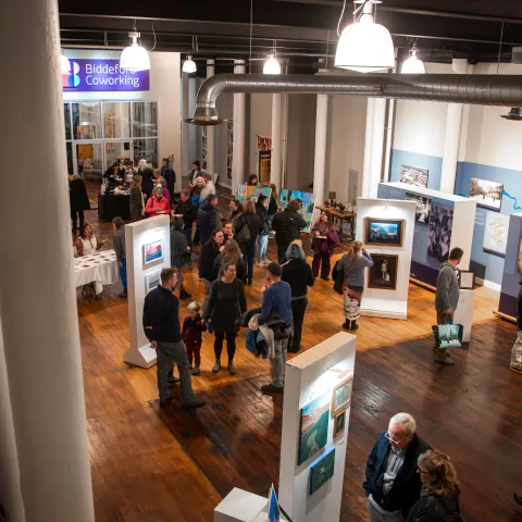 An aerial view of an art gallery exhibiton