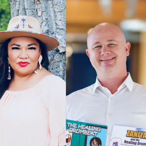 Two professional headshots side by side on a dark blue background. On the left, a woman with long dark hair wears a decorative tan hat with Native American-inspired beadwork, a pale pink top, and statement earrings while standing outdoors near a tree. On the right, a man in a white collared shirt smiles at the camera in an indoor setting, holding two children's books titled "The Healing Drum Beat" and "Zaniya and the Healing Drum."