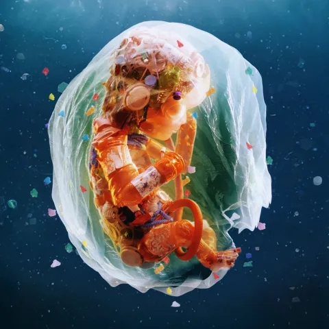 Pieces of plastic float in the ocean