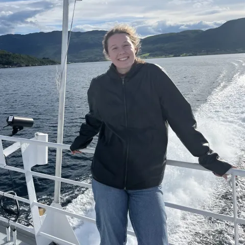 UNE student Lydia Jones poses on Norwegian research boat