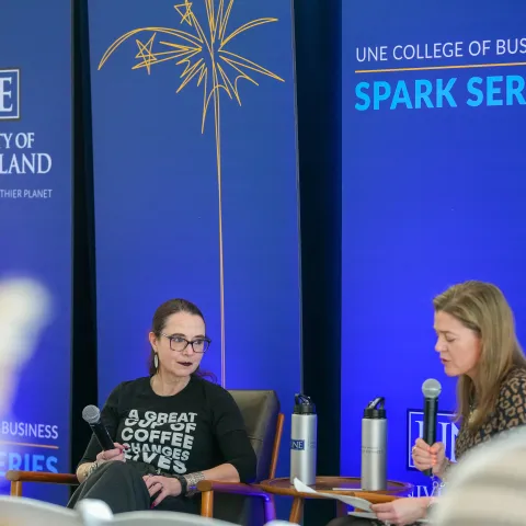 Mary Allen Lindemann and Penny Guyton chatting during the Spark Event