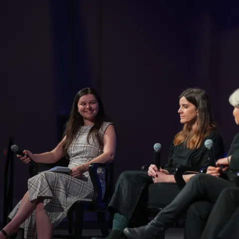 Shaw Innovation Fellow Emily Battye (A.B.S.N., ’26) leads a panel discussion in Girard Innovation Hall
