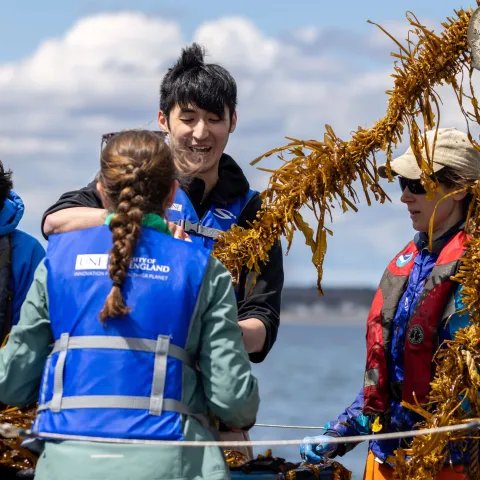 Students hoist help onto a UNE research vessel