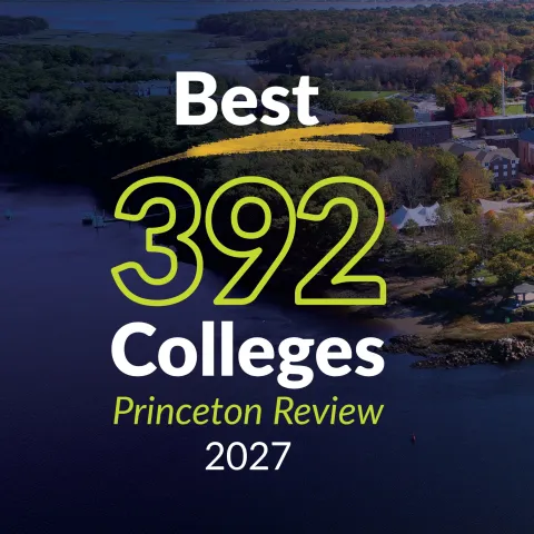 Graphic of UNE Biddeford Campus aerial with text: "Best 392 Colleges Princeton Review 2027"
