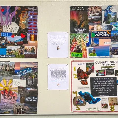 Collages hang on the walls of the UNE Campus Center